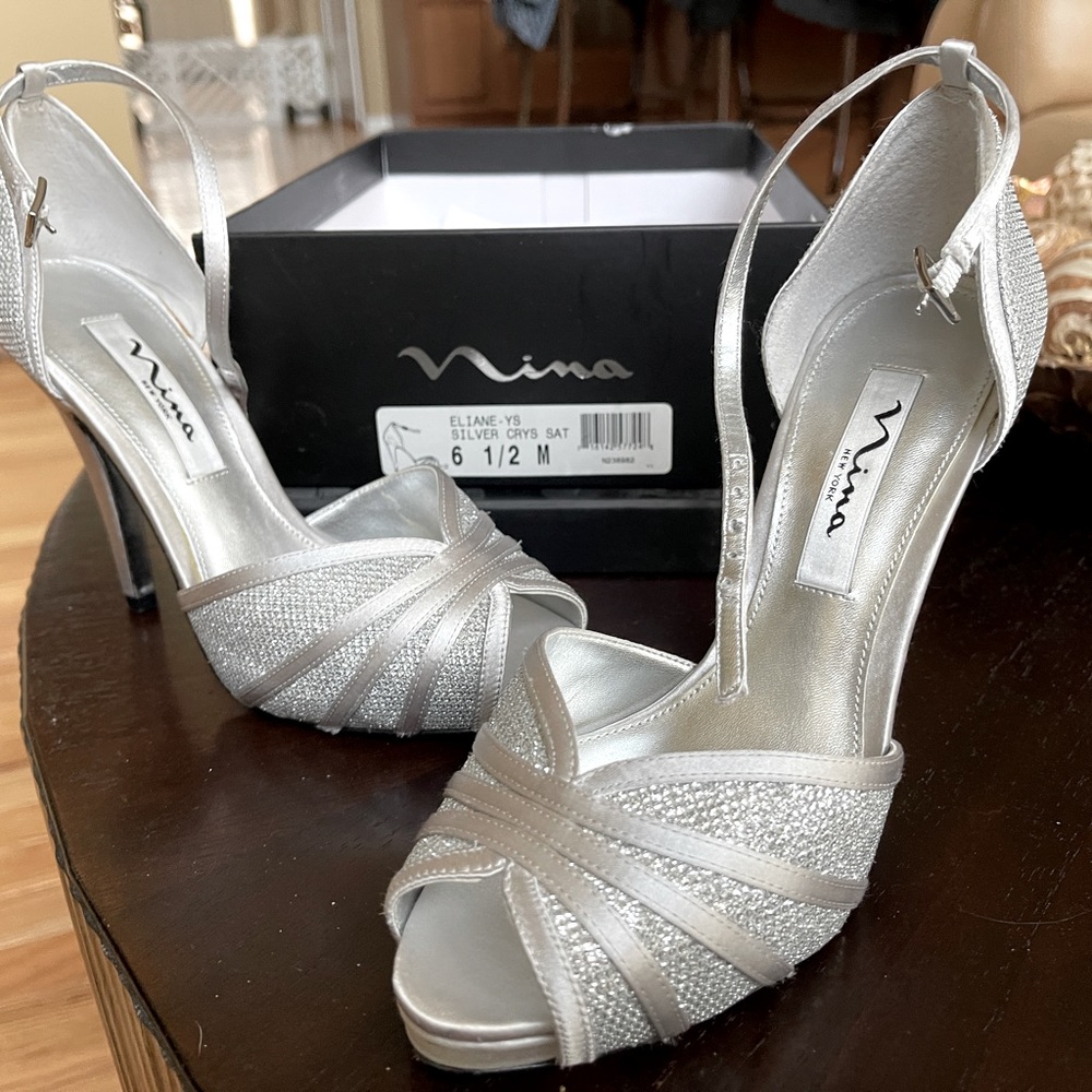 Nina Silver Crystal Satin high heel. Like New.